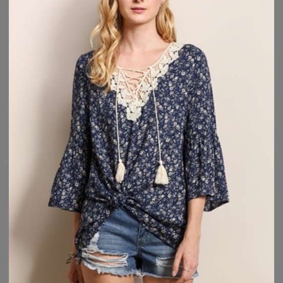 Tassels  N Lace Tops - New Tassels N Lace Blue Bell Sleeved Top